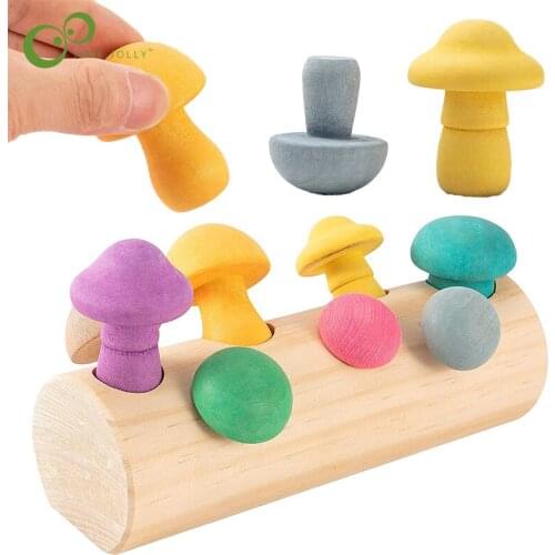 Wooden Rainbow Blocks Mushroom Picking Game Montessori Educational Baby Toys Developmental Shape Matching Assembly Grasp YJN