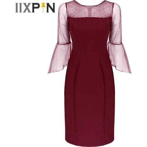 Elegant Women Dress Femme Knee Length Mesh Splice Flare Sleeve Evening Party Gowns Female Rhinestone Banquet Dresses vestidos