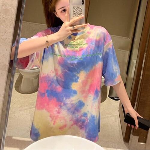 Summer Korean Style Womens Loose Tie Dye Printed T-shirt Tops Casual O-Neck Short Sleeve Harajuku Tee Tops WDC7092