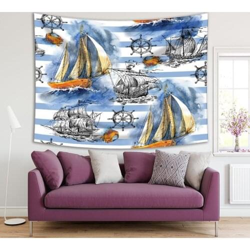 Tapestry Sailing Ships Steering Wheels Pattern on Striped Background Marine Nautical Theme Art Blue White Yellow
