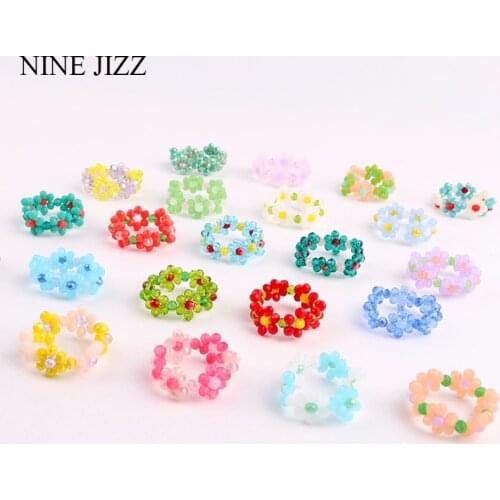 NINEJIZZ Flower Rings Summer Lovely Summer Korean Colorful Crystal Beads Ring for Women Round Adjustable Ring Women Cute Jewelry