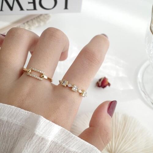 Retro Bling Crystal Rhinestone Open Rings for Women Girl Gold Color Metal Hollow Geometric Adjustable Charm Ring Vintage Jewelry
