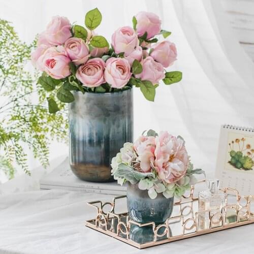 Creative Brushed Gradient Design Retro Gold Blue Tone Mottled Texture Glass Vase Decoration Home Dining Table Living Room