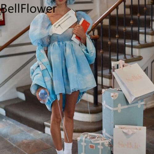 Doll Dress Vintage Summer 2021 Tie Dye Print Casual Puff Sleeve Square Collar Flounced Edge Sexy Women Clothing Party Dress