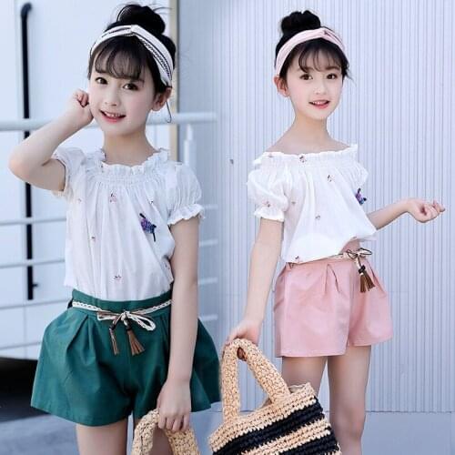 Hot Baby Girls Clothes 2019 Summer Kids Children Sets Flower Shoulder Shirt + Shorts Two-piece Cotton Breathable Birthday Gift