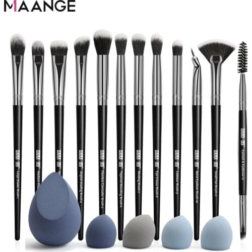 MAANGE 12Pcs Eye Makup Brushes with Bag or Mini Sponge EyeShadow Eyebrow Eyeline Foundation BB Cream Make Up Keeping Set Tool