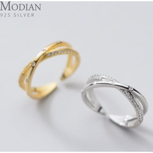 Modian Hight Quality 925 Sterling Silver Twinkling Zircon Geometric Cross Line Opening Ring for Women Wedding Party Fine Jewelry