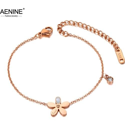 AENINE Trendy Stainless Steel White Shell Flower Charm Bracelets For Women Girls Bohemia Chain & Link Bracelet Jewelry AB20177