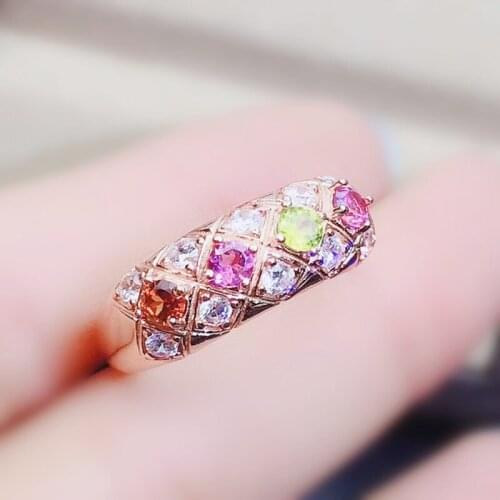 Natural real colorful tourmaline luxury round ring Per jewelry 0.15ct*4pcs gemstone 925 sterling silver Fine jewelry J21555
