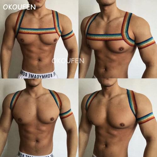 Nightclub mens rainbow show big chest strap elastic muscle sexy white party dance performance gcircuit WP