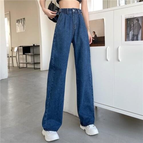 Autumn Women Denim Pants 2021 New Plus Size Korean Street Straight Jeans Loose High-Waist Elegant Vintage Wide Leg Trousers Lady