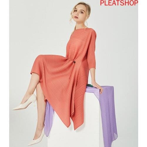 Pleated Dress Miyake Womens Loose and Plus-sized Waist Hugging Slim A- Line Dress Midi Pleats Dresses Thin Vestidos Elegant