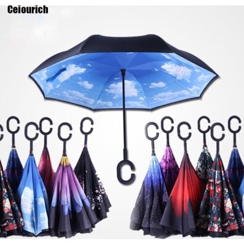 Drop Shipping Windproof Reverse Folding Double Layer Inverted Chuva Umbrella Self Stand Rain Protection C-Hook Hand Umbrella