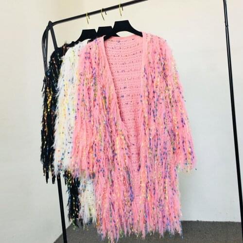 Luxury Sequins Tassels Mohair Knitted Sweater Coat Long Jacket Crocheted Flowers Fringed Cardigan Fringed Velvet Fluffy Knitwear