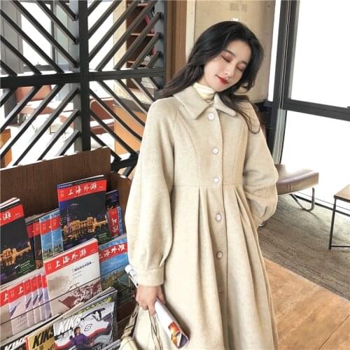 Woolen coat womens spring and winter clothes new Korean style mid-length slim waist Hepburn style thick wool trench