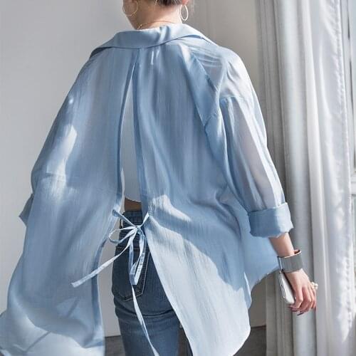 Johnature Fashion All Match Women Blouses 2021 Summer New Loose Backless Tie 5 Colors Solid Color Full Sleeve Sunscreen Shirts