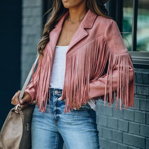 Faux Suede Jacket Womens Motorcycle Lapel Handsome Jacket Fall 2020 Ladies Solid Fringed Short Coat Women Jackets