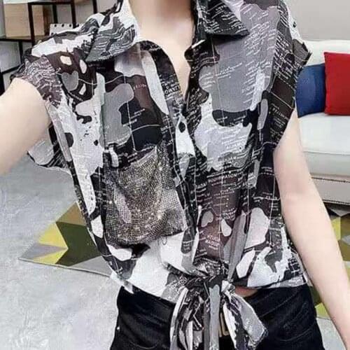 Summer New Fashion Knotted Shirt Short Sleeve All-matched Women Flower Print Grey Color Chiffon Shirts Top for Daily Wear
