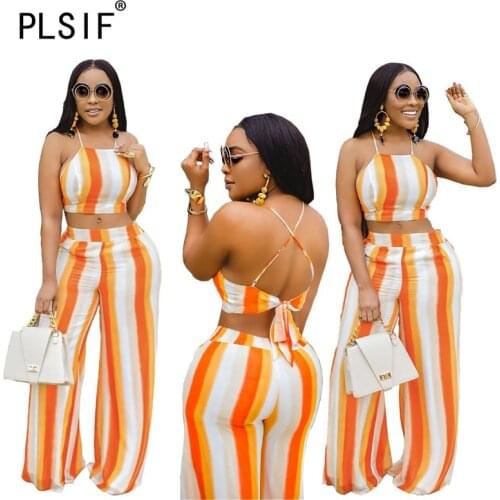 Summer Beach Crop Top And Long Pant Set Striped 2 Pieces Outfits Lady Matching Suit