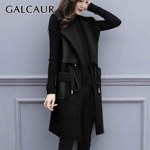 GALCAUR Patchwork PU Lantern Womens Vest Coat Lapel Collar Sleeveless Lace Up Bowknot For Female Casual Vests 2020 Autumn Tide