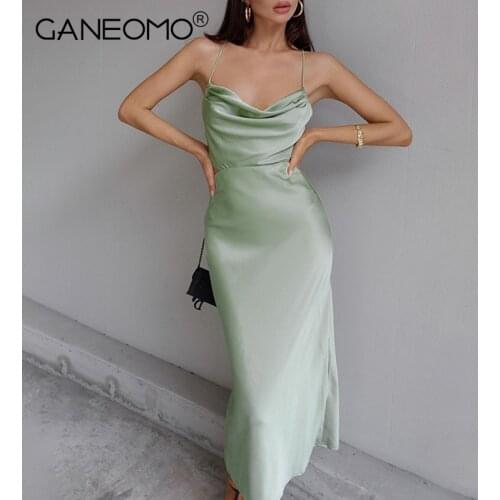 Sexy Satin Midi Dresses for Women Elegant Ruched Party Evening Bodycon Slip Long Dress 2021 Summer Spaghetti Strap Club Outfits