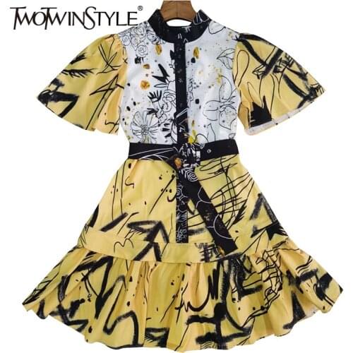 TWOTWINSTYLE Hit Color Mini Dress For Women Stand Collar Short Sleeve High Waist Sashes Print Dresses Female Fashion New Style