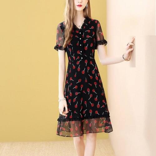 Cherry Printed Chiffon Dresses For Women Short Sleeve V-Neck French Vintage Summer Midi Dress Party Black Vestidos 2021