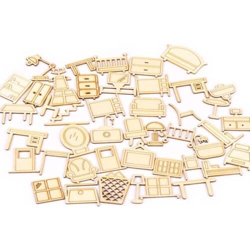 20pcs Mixed Furniture Bookshelf/bed/sofa Natural Woodcraft Supplies Embellishments DIY Scrapbooking Wooden Ornaments Home Decor