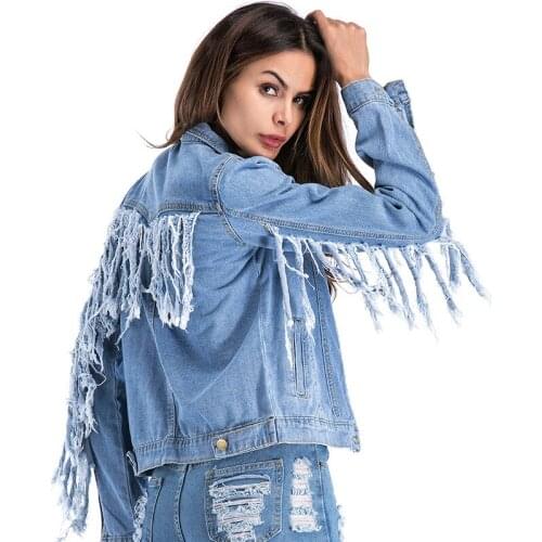 2019 Women Back Tassel Denim Coats and Jackets Long Sleeve Single Breasted Casual Jeans Jacket Causal Streetwear Plus Size 5XL