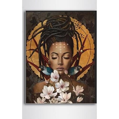 5D DIY Diamond Painting African girl with flowers birds Full Square Rhinestone Diamond Mosaic portrait Diamond Embroidery Sale