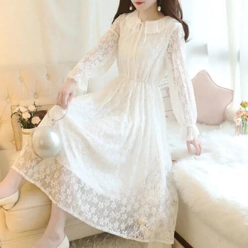White Dress Women 2020 Fashion Long Sleeve Lace Hollow Out Dress Elegant Lady Long O-neck Beach Party Dressess Vestidos