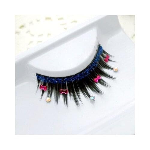 Free shipping Rhinestone false eyelashes lovely bowknot + Blue Glitter eyelashes Latin dance performance portrait bride makeup
