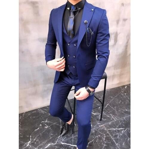 Brand New Men Suits Light navy Blue Groom Tuxedos Peak Lapel Groomsmen Wedding Bridegroom ( Jacket + Pants + Vest + Tie ) D140