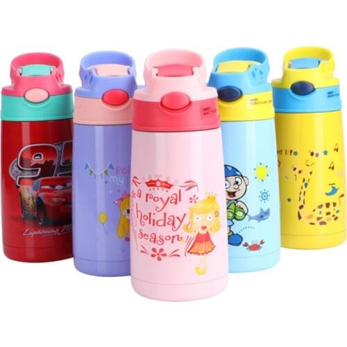 400ml Kids Water Bottle with Straw Lid, Handle, Vacuum Insulated Stainless Steel Thermo Mug Bottle, Cute Patterns, 5 Colors