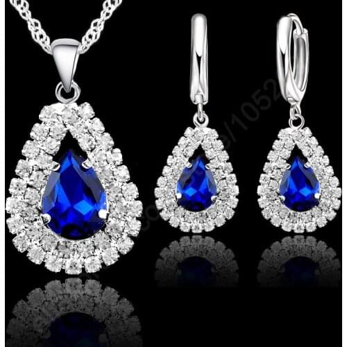 Jewelry Sets 925 Sterling Silver Austrian Crystal Pendant Necklace 18" Chain Hoop Earring Lever Back Women Gift Accessory