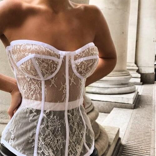 Corset Top 2021 Women See Through Lace Bone Patchwork Sexy Bustier Waist Shapewear Cincher Zip Up Vintage Underbust Slim