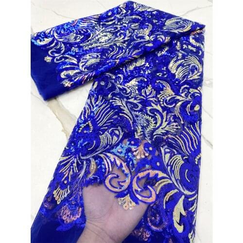 2021 Royal Blue Sequins Lace Fabric French Nigeria Mesh Lace Fabric African Tulle Lace Fabric for Wedding Party NI5480