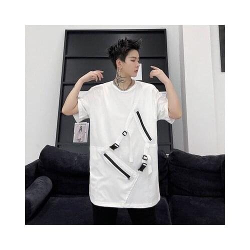 Dark dark summer dress with individual zipper pocket design Korean edition mens loose short-sleeved t-shirt hairdresser fashion