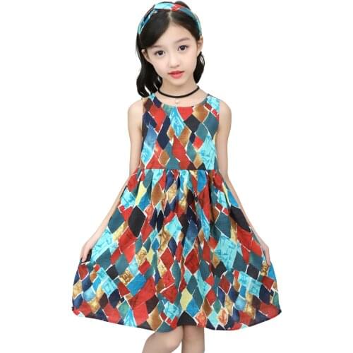 Girl Summer Dresses Sleeveless Girl Child Dress Soft Cotton Kids Dresses Geometric Patterns Girls Costumes Kids
