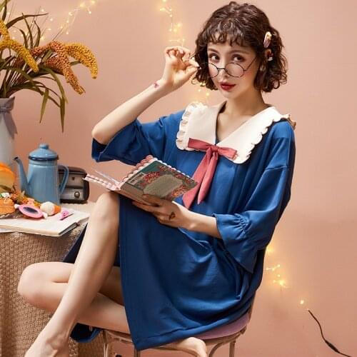 Summer Nightdress Solid Color NightDress Women Cotton Loose Short Sleeved Homewear Doll Collar Cute Bow Lace Cotton Nightgown
