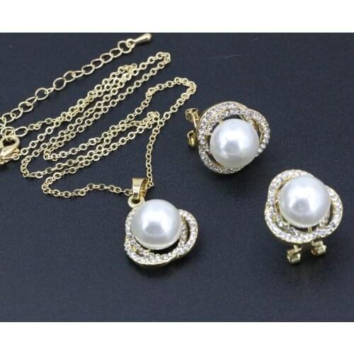 Fashion Gold-Color Jewelry Set For Women Simulated-Pearl Flower Pendant Necklace Earring Chain Necklaces Earrings 18inch B3413