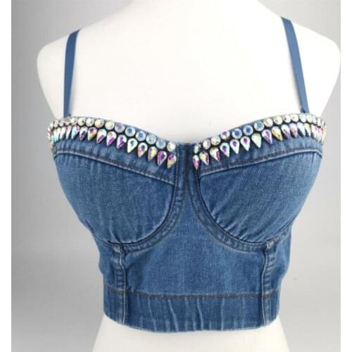 Fashion Club Party Denim Bustier crop top Luxury Acrylic rhinestone Beads Everyday Body shapewear push up corset bra with Strap