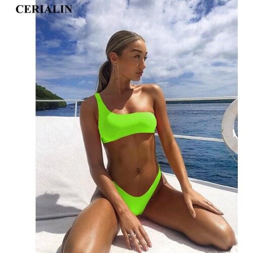 New Hot Sale Fluorescence Sexy Bikini Set Two Piece Swimwear Women One Shoulder Swimsuit Beach Wear Female Swimming Bathing Suit
