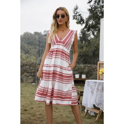 New Summer Women Dresses Casual Short Sleeve V-Neck Striped Print Plus Size Female Mini Dress Sexy Ladies Beach Bohemian Pockets