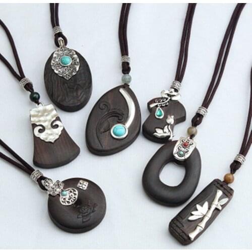Ethnic Ebony Wooden Alloy Mixed Pendant Necklace New Punk Wooden Chunky Long Leather Necklace Handmade Wood Pendant Necklace
