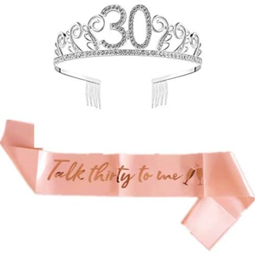 Pink 21/30/40th Birthday Gold Tiara and Fabulous Glitter Satin Sash Happy 30th Birthday Party Supplies for 30 Birthday Party