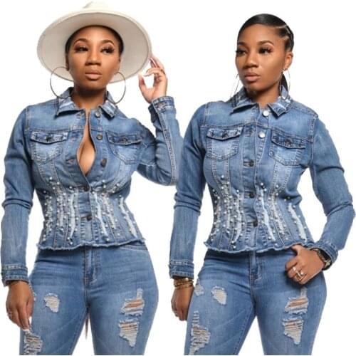 Ripped Jeans Beading Jacket Sexy Women Turn Down Collar Long Sleeve Elegant Denim Outerwear Coat