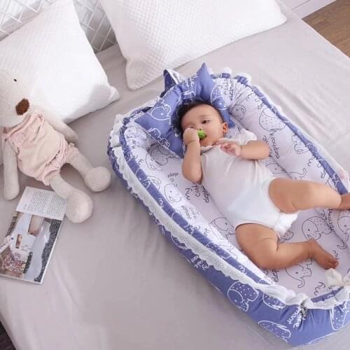 90*55*15cm Print cartoon 2pcs cotton lace Folding Baby Nest Bed+pillow baby Crib Portable Removable and Washable Crib Bionic bed