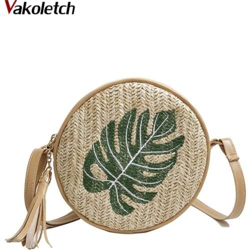 Circle Beach Bags Embroidery Pineapple Circular Crossbody Bag Tassels Purses Female Woven Straw Round Clutches for Women KL438