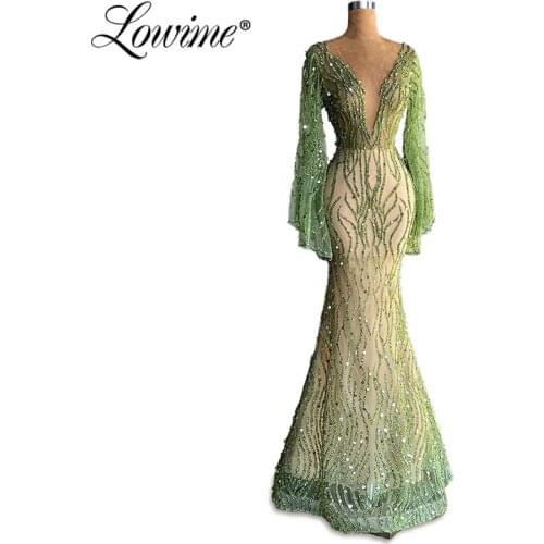 Custom Made Beaded Long Sleeves Mermaid Evening Dresses V Neck Dubai Formal Dress Party Gowns 2020 Muslim Prom Dresses Vestidos